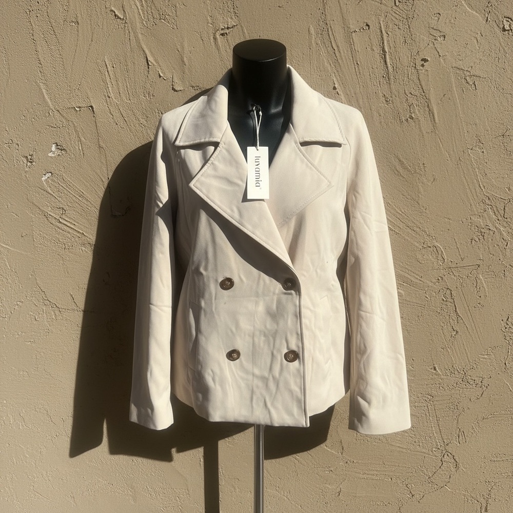 NWT Women’s Lined Tan Short Trench Coat Jacket by Luvamia Size Large